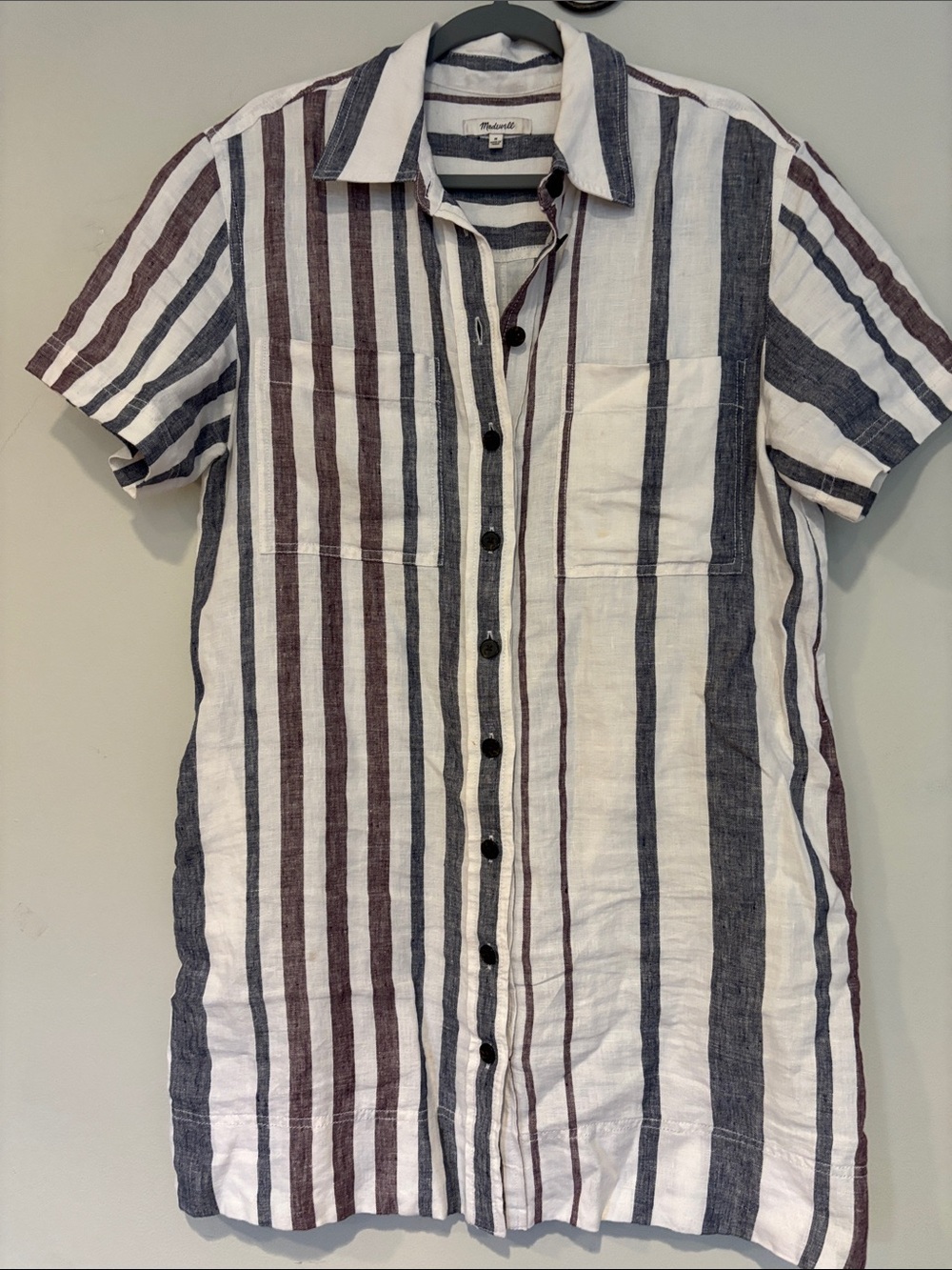 Madewell White Button-Down Shirt dress with Brown & Navy Stripes